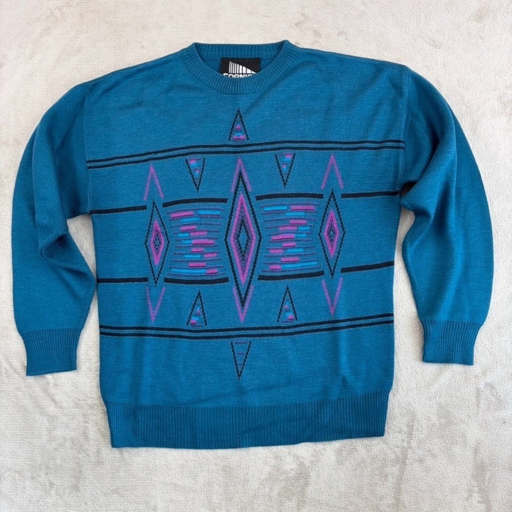 Vintage Aztec Navajo Geometric Crew Neck Sweatshirt Teal Men Medium‎ Wool Blend
